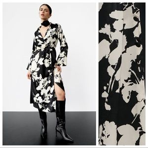 NWT. Zara Black/Cream Satin Effect Floral Print Midi Dress. Size L.